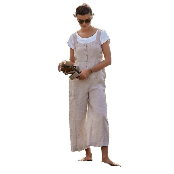 GARNET HILL Size 12 100% Linen Jumpsuit Overalls Relaxed Fit Sand Beige $169 - Picture 1 of 9
